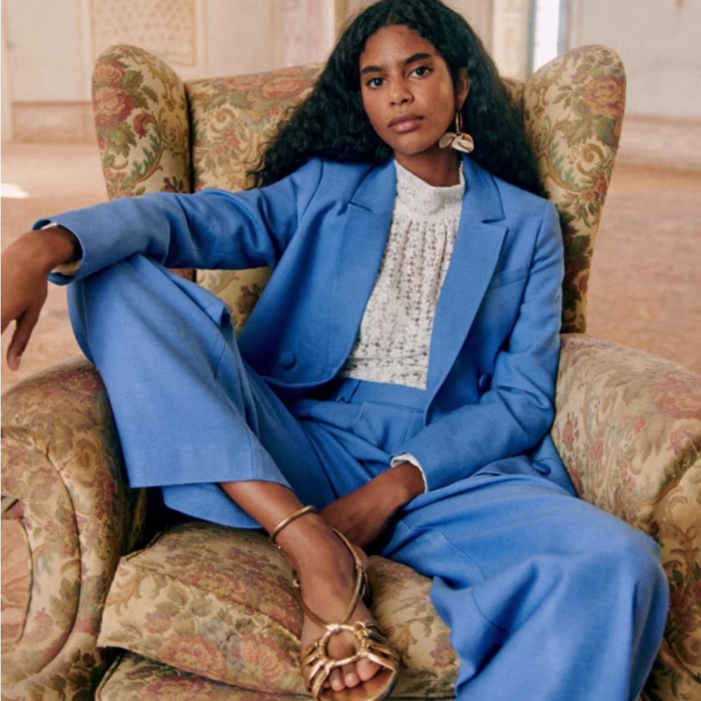 Sezane Linen-Blend High-Waist Wide-Leg Pants in Cornflower Blue - Picture 2 of 6